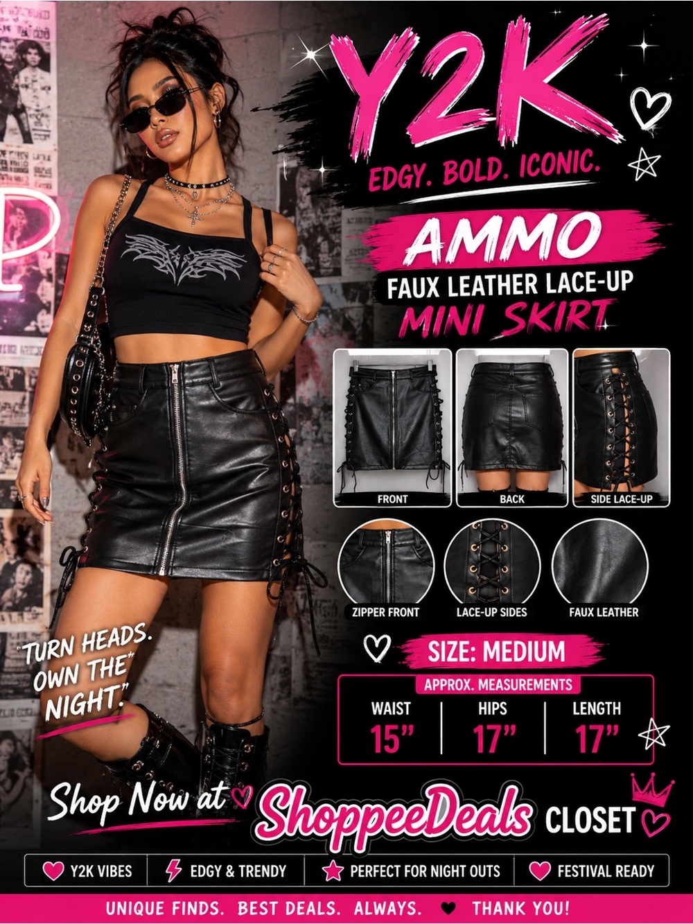 AMMO Black Faux Leather Lace-Up Mini Skirt – Women’s Medium – Y2K Moto